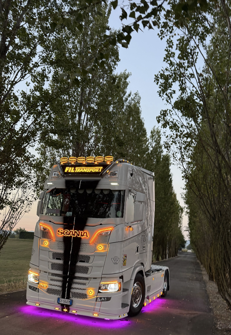 Scania bianco FIL TRANSPORT sul viale alberato con luci accese
